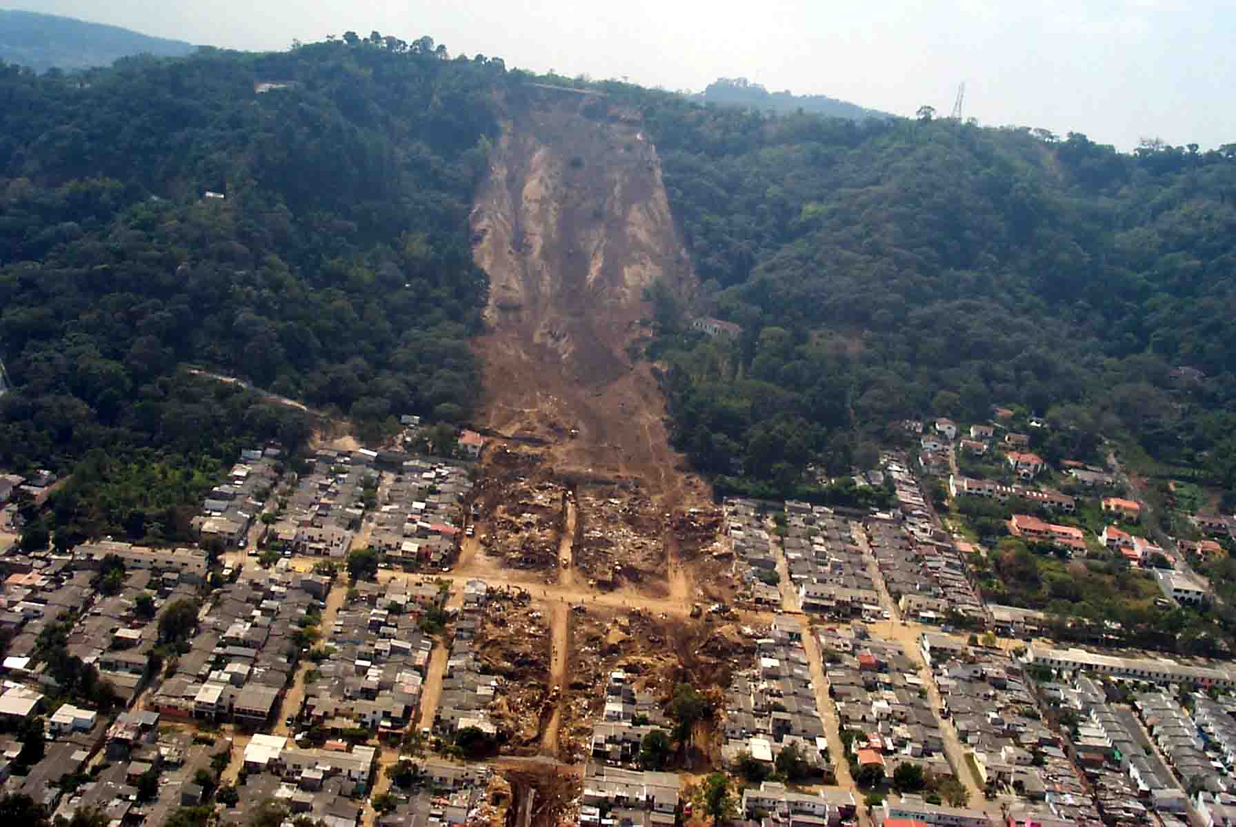 Aerial view of landslide that buried Colonia Las Colinas.